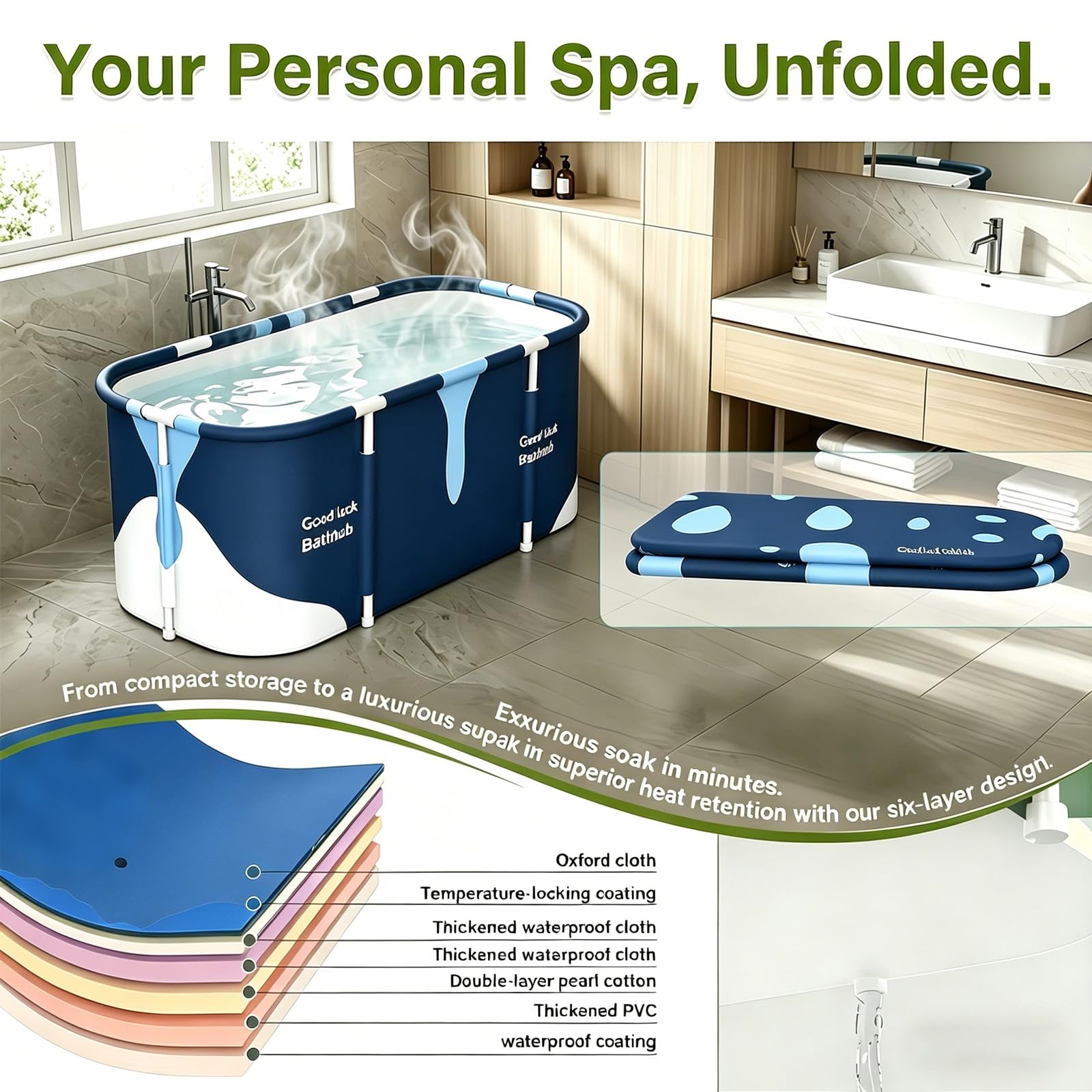 Vasca da bagno portatile 140 cm x 60 cm x 55 cm, pieghevole per adulti, vasca idromassaggio per bagno e cabina doccia