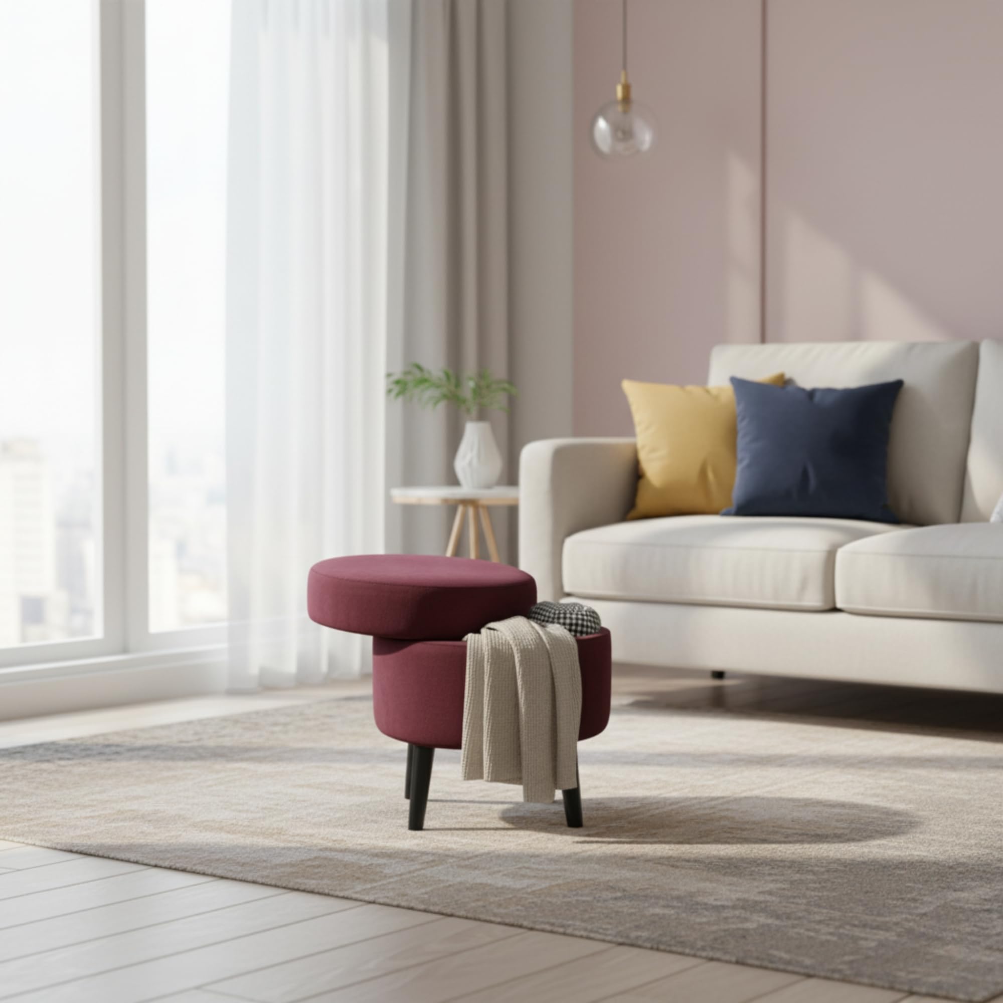Pouf Contenitore in Velluto Color Bordeaux, Puffo Contenitore Rotondo, Pouf con Piedini in Legno, Pouffe Salotto 38x39 cm