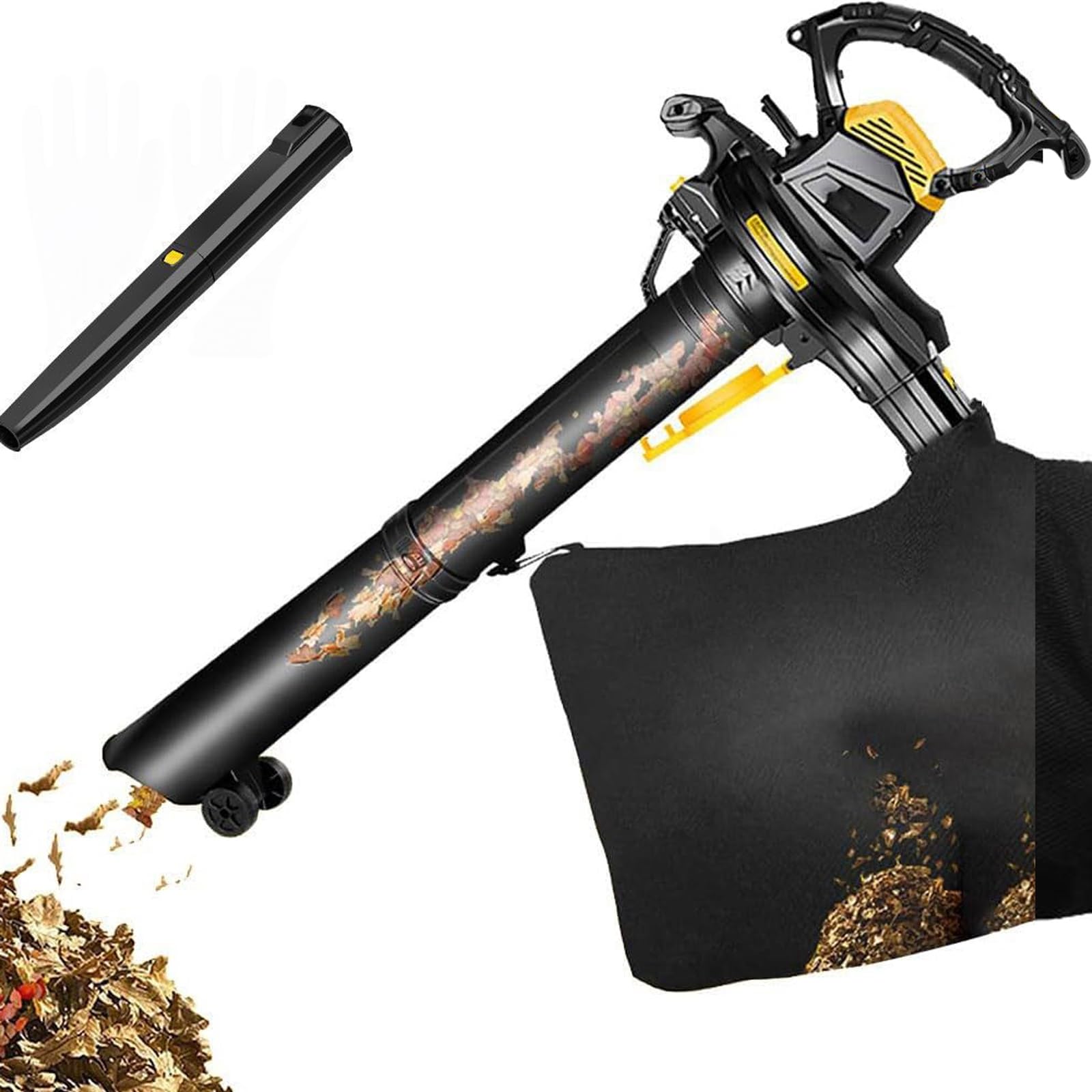 Soplador de hojas de jardín y trituradora de vacío de 3800 W, soplador de hojas de jardín con ajuste de 6 velocidades, soplador de aire ligero y potente con bolsa recolectora de hojas de 40 l y cable