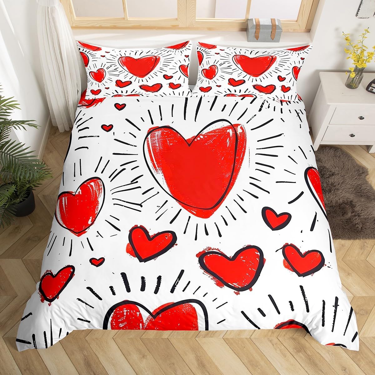 Manfei Red Rose Duvet Cover Set Toddler Size, Romantic Hearts Print Bedding Set 2pcs, Valentine's Day Comforter Cover, Girls Lovers Room Decor, Soft Polyester Quilt Cover, 1 Pillowcase, No Comforter