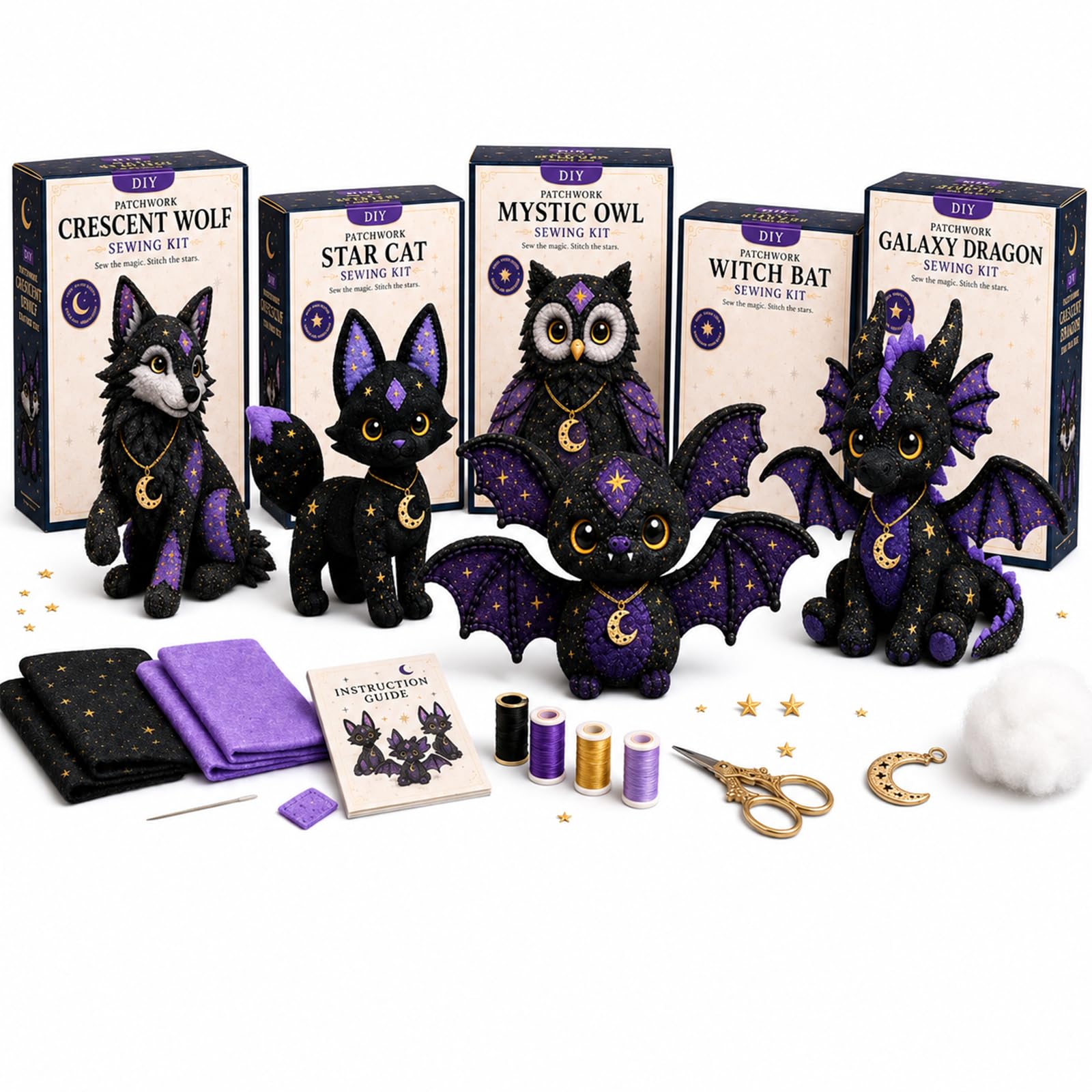 Mystic Patchwork Animal Sewing Kit – DIY Plush Craft Kit with Starry Fabric, Moon Charm, Fantasy Patchwork Animal Sewing Kit with Guide, Halloween Sewing Gift for Teens & Adults (5 Pcs)