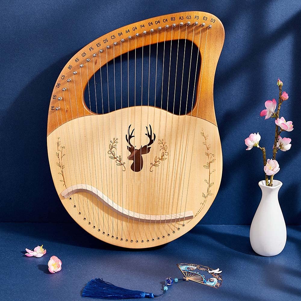 Harfe mit 24 Metallsaiten, Korpus aus massivem Mahagoniholz, Musikinstrument als Geschenk für Erwachsene/Kinder, mit Stimmschlüssel, Plektrum, Ersatzsaite und englischem Musik-Tuto