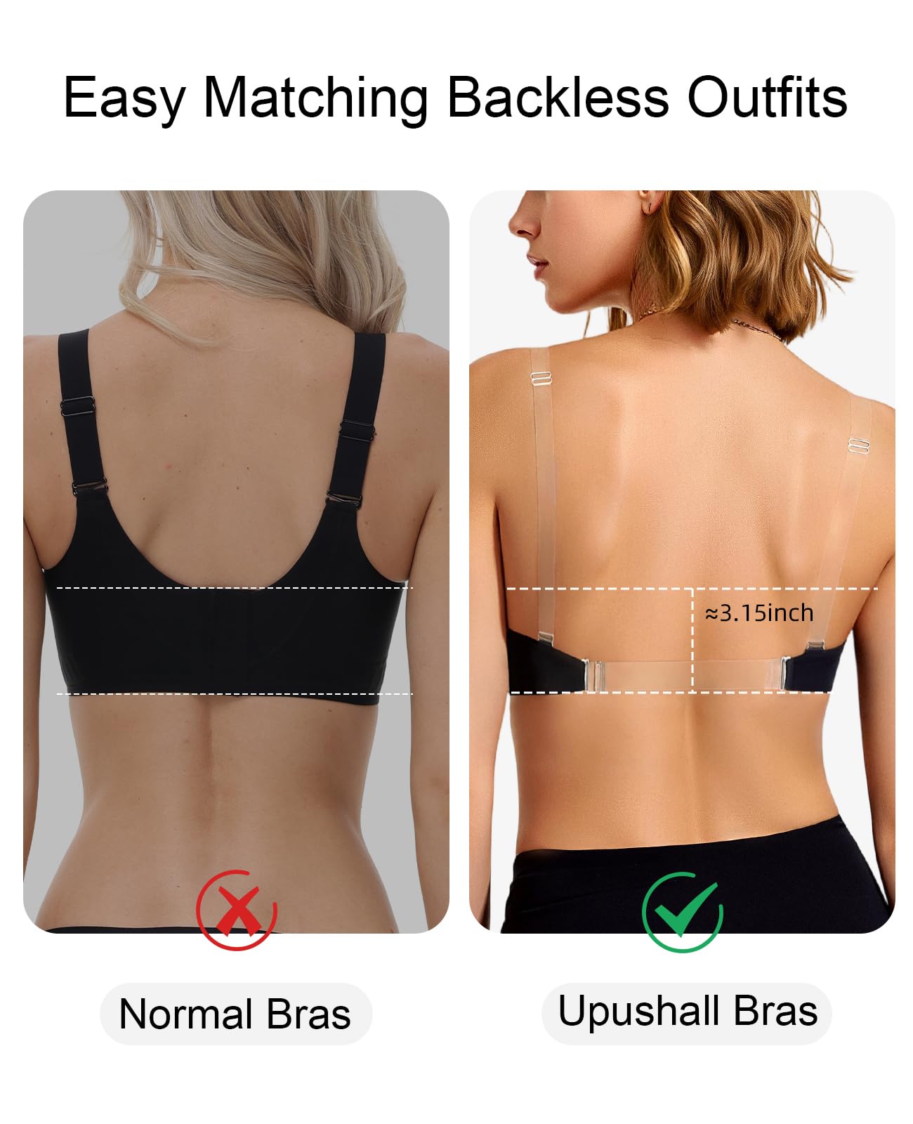 Upushall Reggiseno senza schienale con spalline trasparenti e schiena profonda imbottita push-up taglio basso con ferretto per le donne