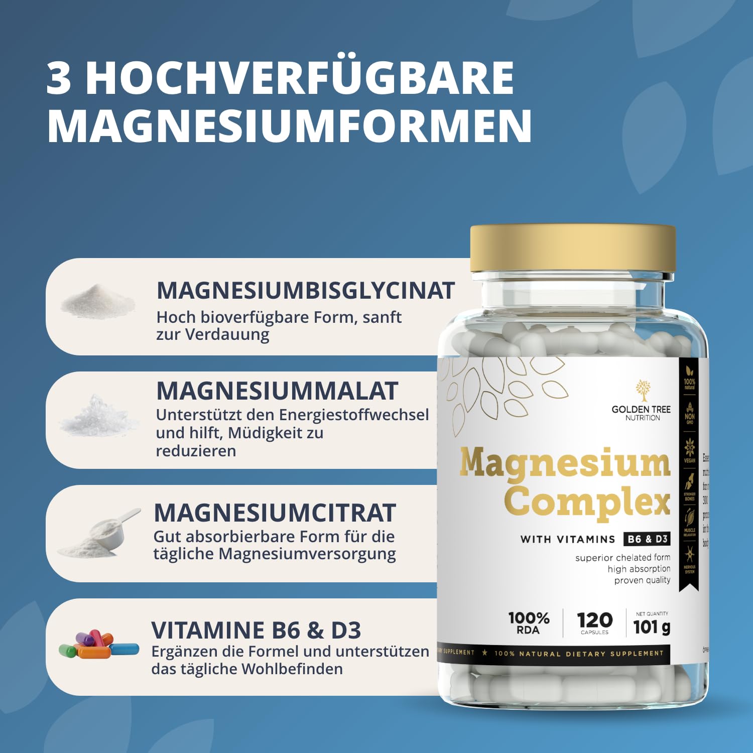 Golden Tree Magnesium Komplex Kapseln, 120 Stück | Magnesiumcitrat, -bisglycinat & -malat, Hochdosiert mit 400 mg, Mit Vitamin D3 & B6