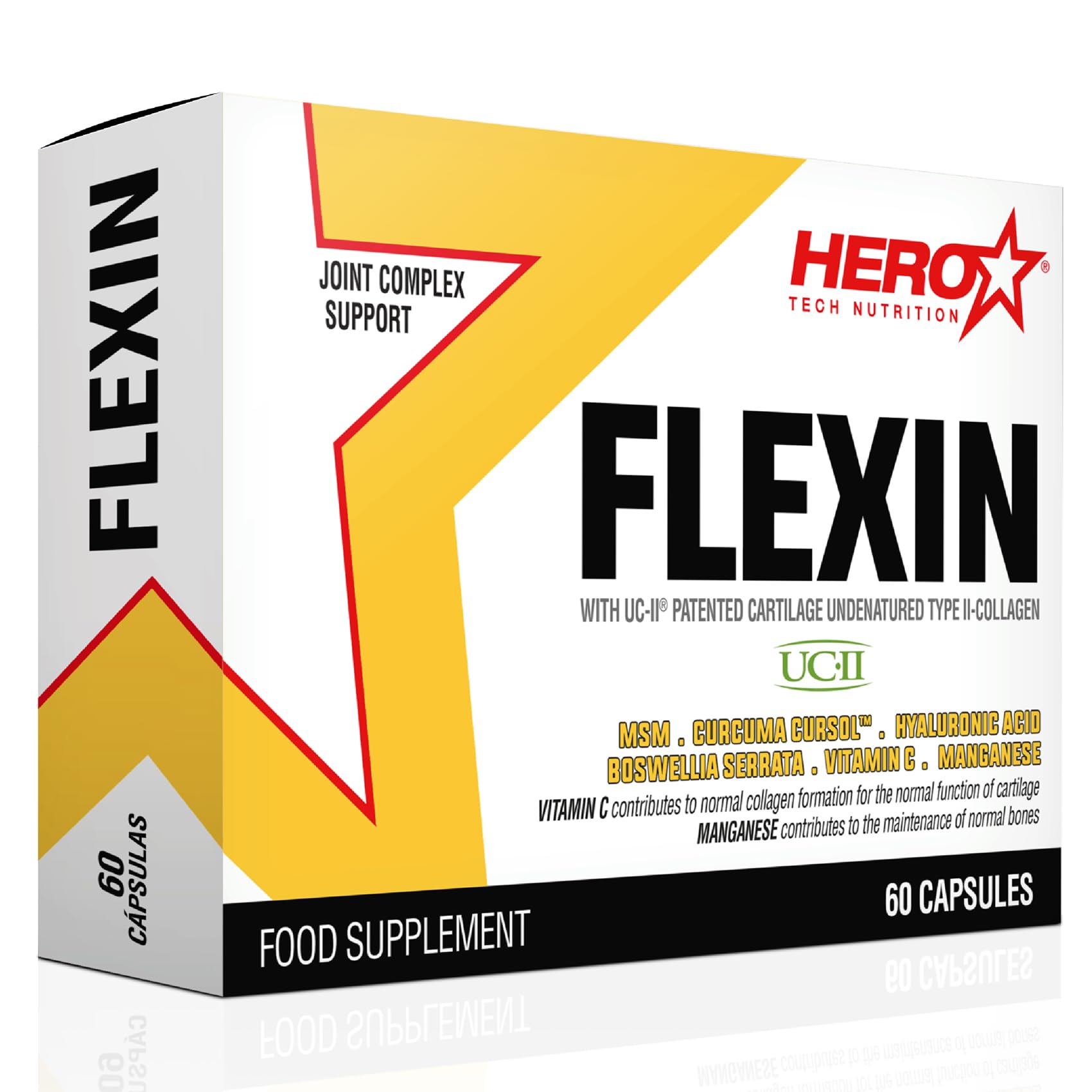 HERO TECH | FLEXIN 60 caps. | Apoyo a la Salud de Articulaciones | Con Colágeno, Cartílago y MSM | 7 ingredientes activos para mejorar la salud articular y regenerar el tejido conectivo | Sin OGM