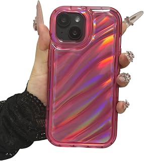 Case Compatible with iPhone 15, Cute Luxury Water Ripple Wave Pattern Holographic Laser Light Color Phone Case, Soft TPU Shockproof Protective Case Cover - Clear Red