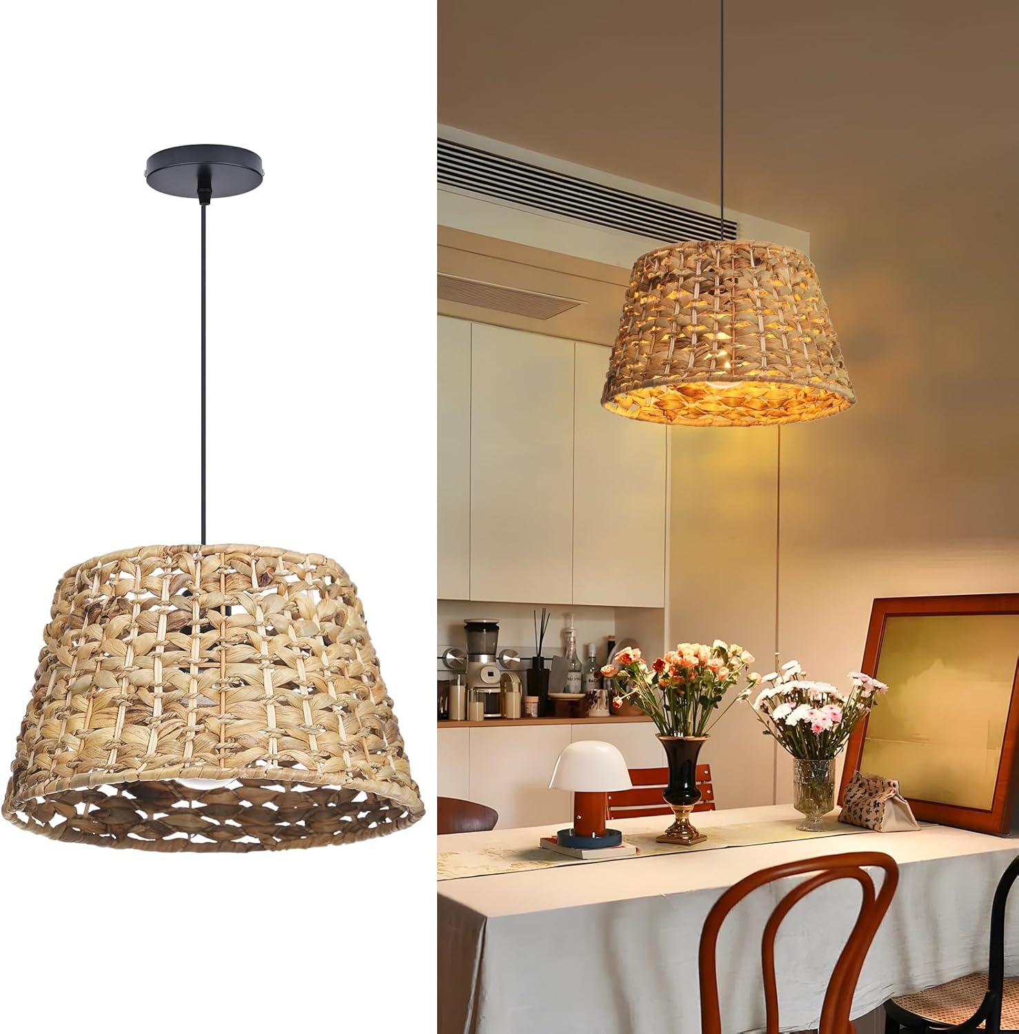 Boho Pendant Lights, 11.79" 1-Light Rattan Chandelier, Hand-Woven Wicker Lampshade Ceiling Lighting Fixture with Water Hyacinth Lamp Shade, Coastal Hanging Lamp for Kitchen Island