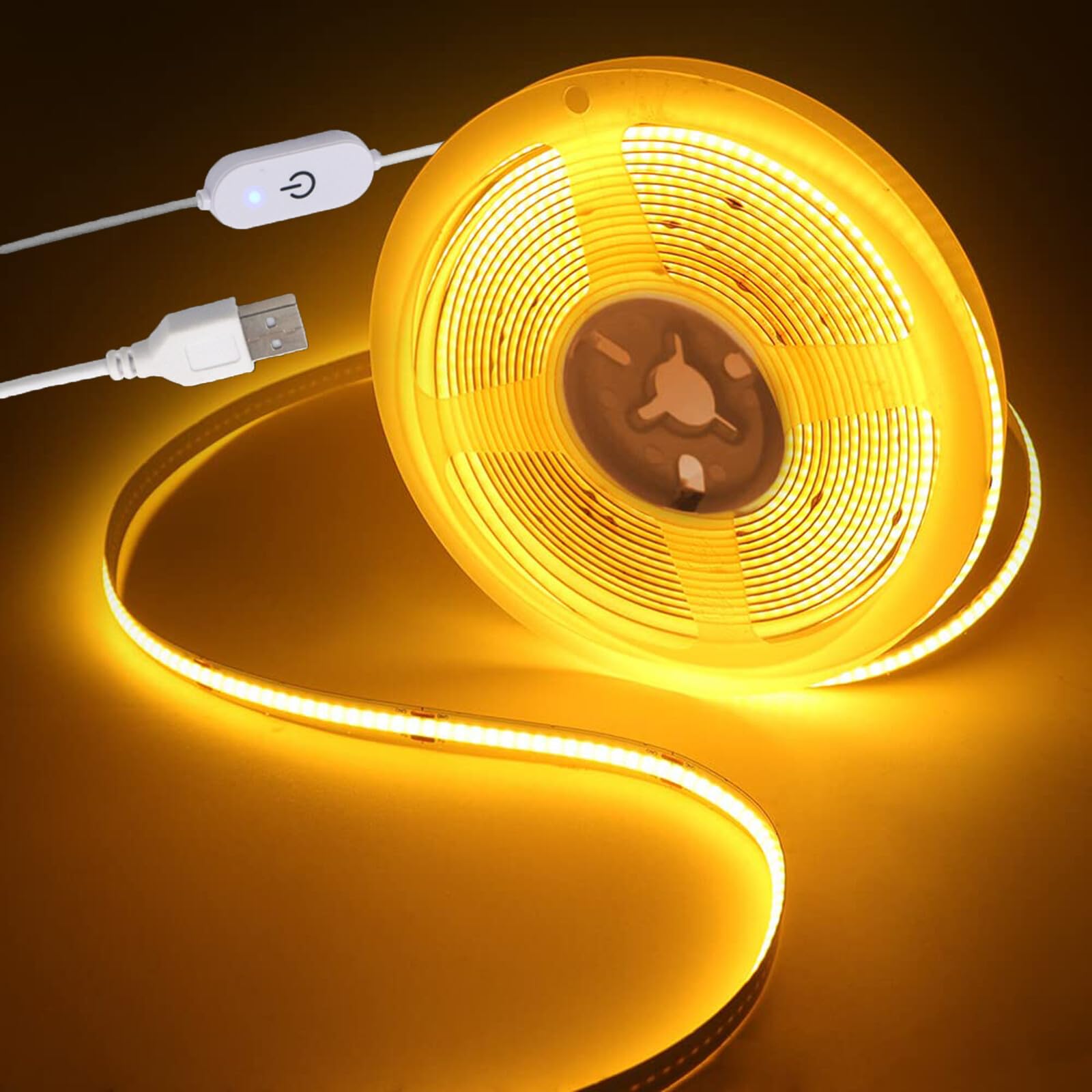 KAFULA 5V Dimmable COB LED Light Strip [2m, Yellow Light], USB Powered, 320 LEDs/m Flexible FCOB LED Fairy Light CRI90+, can be Cut Every 5cm, Home Decoration - Power Supply not Included