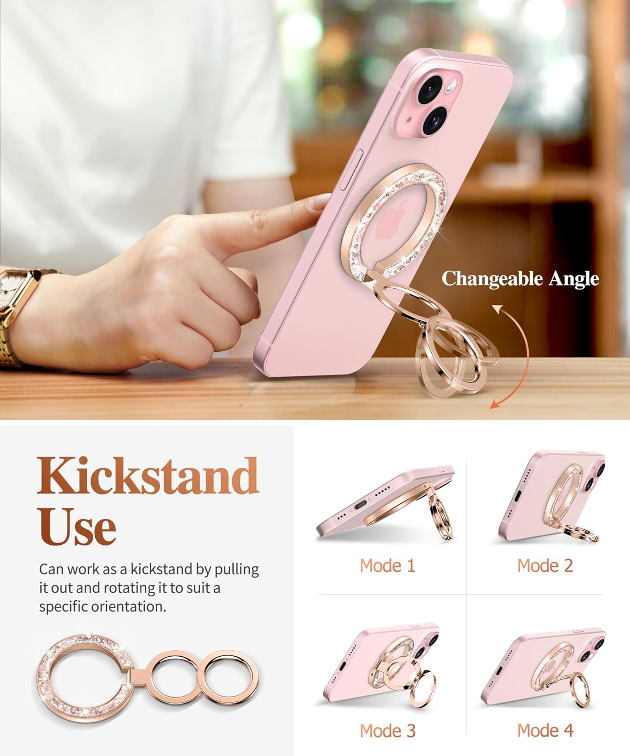 GVIEWIN Bundle - Compatible with iPhone 13 Case (Alcea/Red) + Magnetic Phone Ring Holder (Glitter/Pink Gold)