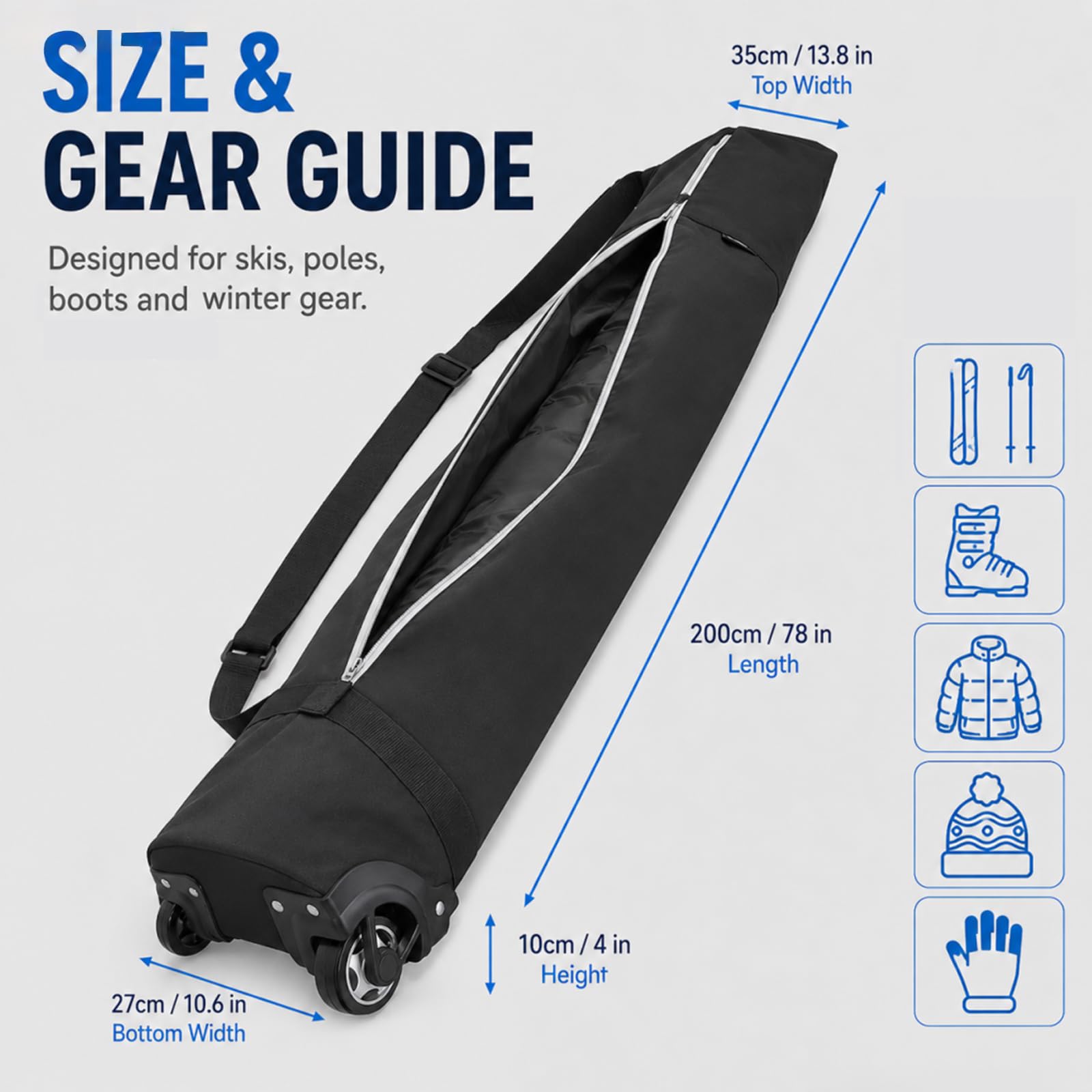 Sac de ski rembourré à roulettes pour voyage en avion, le sac de ski rembourré peut accueillir des skis jusqu'à 200 cm.