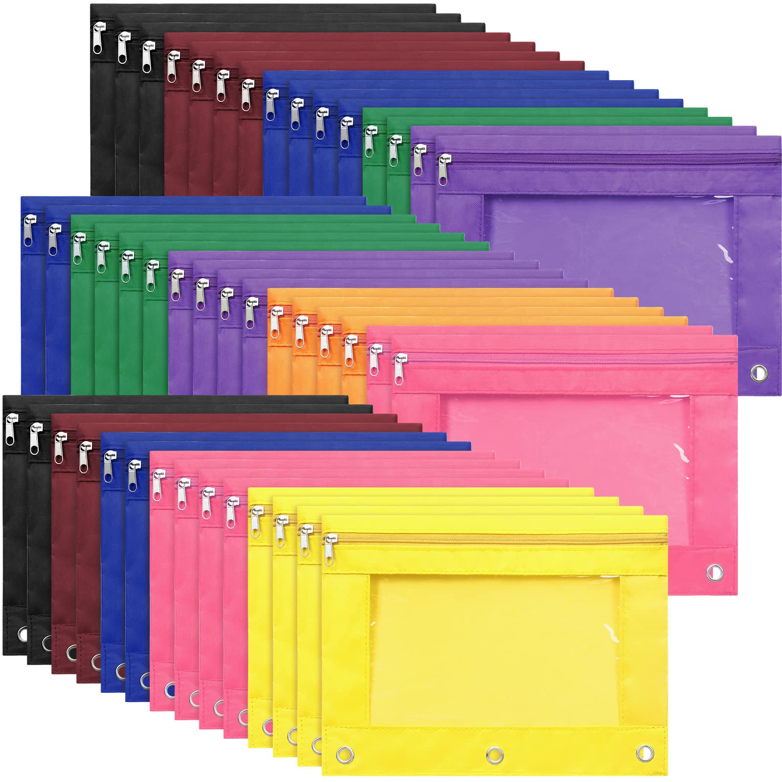 Leinuosen 64 estuches para lápices a granel de 3 anillos con ventana transparente y carpeta con cremallera, bolsa de papelería para oficina, escuela, suministros de aula (fresco)