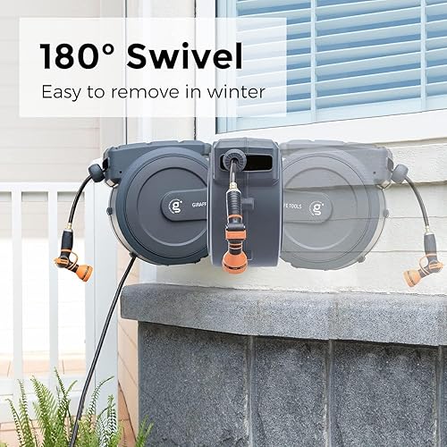 Miniatura 3 de Giraffe Tools Carrete de manguera de jardín retráctil de 5/8 pulgadas x 90 pies para exterior, carrete de manguera de agua montado en la pared con