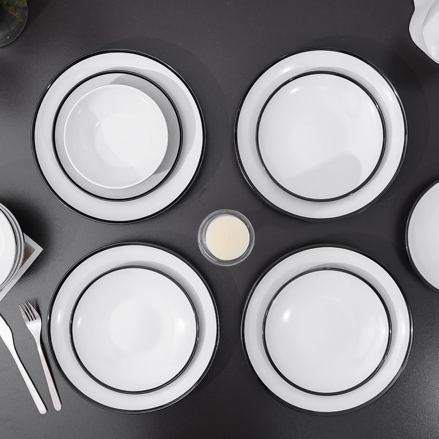 Melamine Plates Set of 4 –12-Piece Serving Dinnerware for Indoor/Outdoor Use, Durable Dishwasher-Safe Plates‌,White and Black