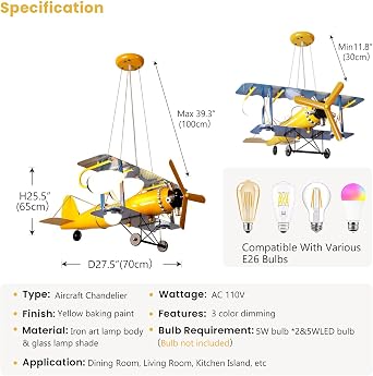 Cartoon Yellow Airplane Chandelier 27.5'' Kids Ceiling Light Aircraft Modern Combat Helicopter Model with Glass lampshade Hanging Lighting for Children Bedroom Bedroom, Nursery Room