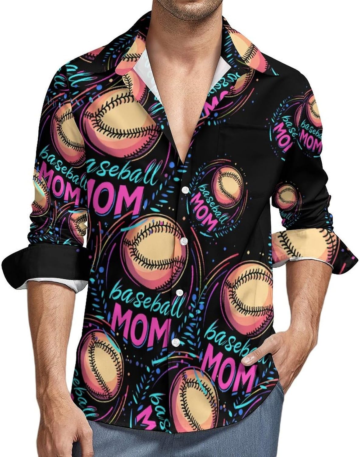 Baseball Mom Long Sleeve Shirts Casual Dress Shirt Button-down T-shirts for Men