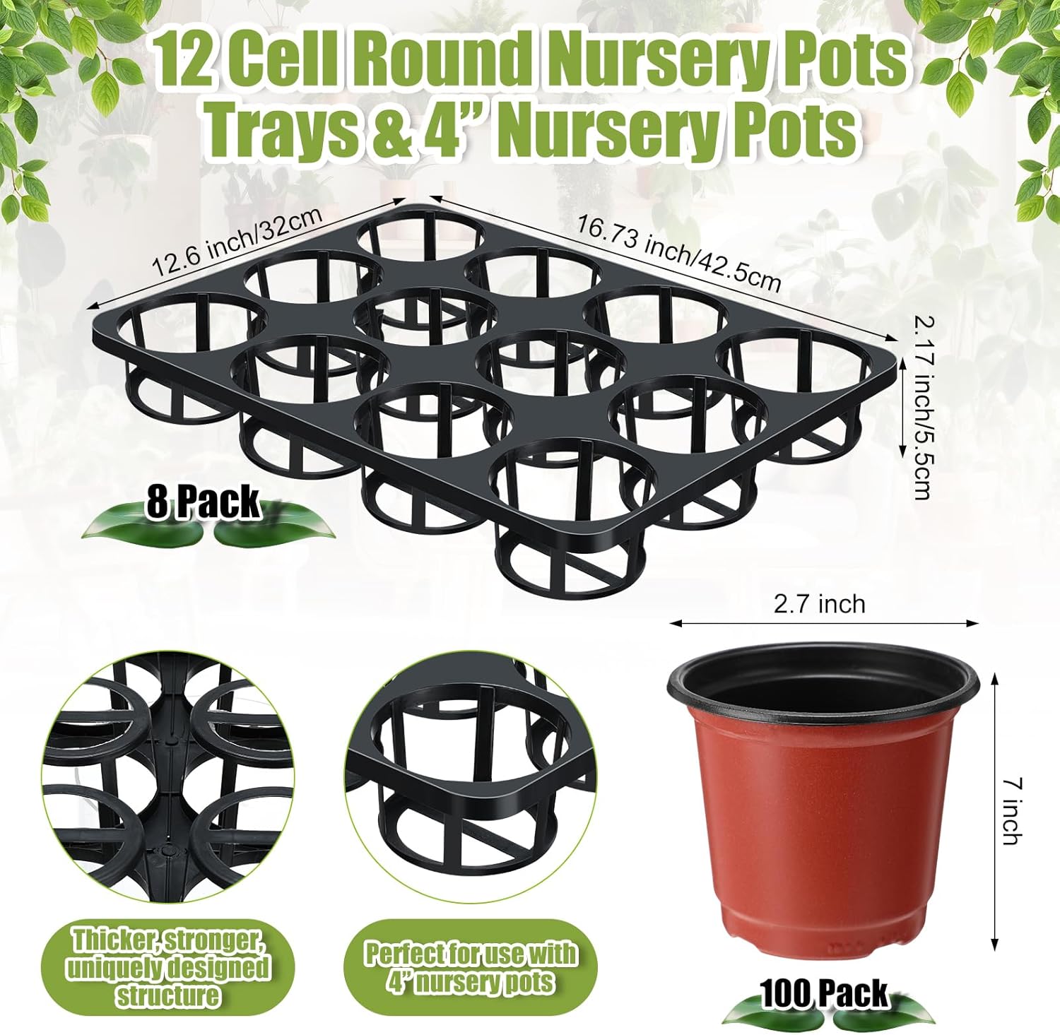 4 Inch Round Nursery Pots 100 Pcs,12 Cell Nursery Pots Trays 8 Pcs, Sturdy Seeds Starting Germination Shuttle Carrying Trays, Small Planter Nursery Propagation 8 Sets for Succulent Seedling - Image 2