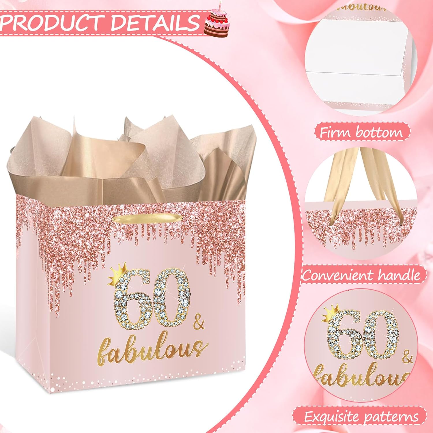 SUNDECO Large Rose Gold 60th Birthday Gift Bag for Women with Card, Wrapping Paper, and Envelope Ideal for 60th Birthday Gifts and Decorations - Image 7