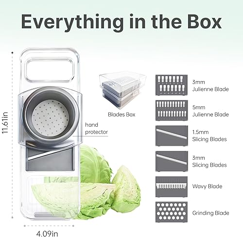 Miniatura 8 de Cortador de mandolina para cocina – Picador de verduras 6 en 1 con protector seguro para manos y cuerpo transparente – Cortador de alimentos apto