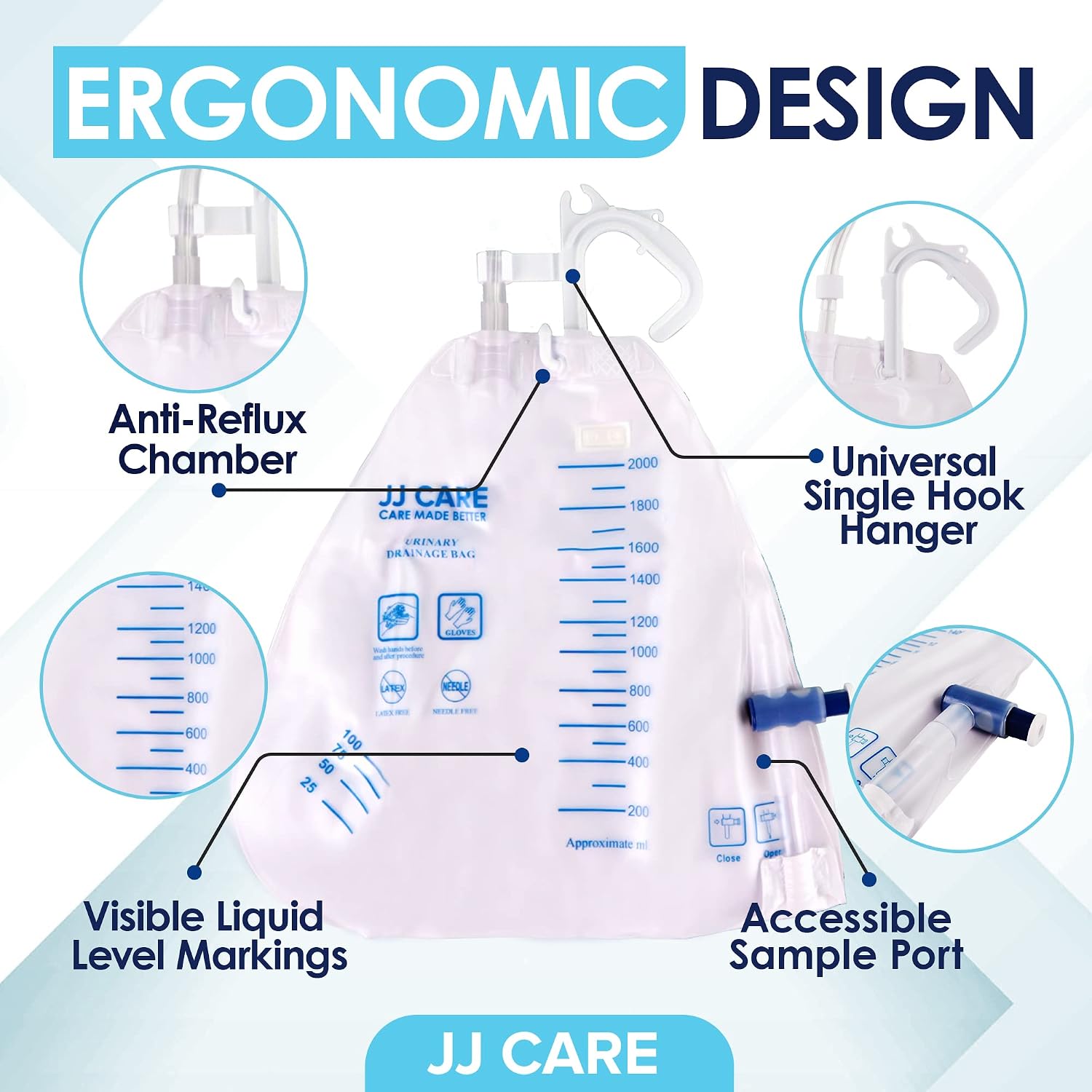JJ CARE Catheter Bags -Pack of 6 Urinary Drainage Bag, 2000 ml Urine Bags with 42" Drainage Tube, Disposable Anti-Reflux Chamber, Leak Proof Vinyl Urine packets with Double Hook Hanger for Men & Women