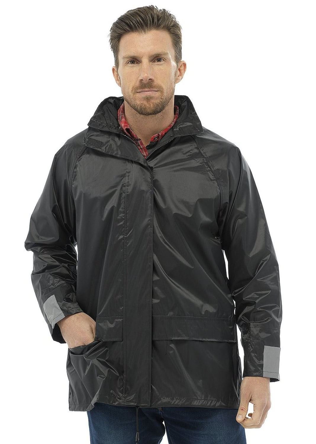 shelikes Mens Raincoat Waterproof Jacket with Hood Zip Up Outdoor Rain Coat Hooded Outdoor Parka Lightweight & Breathable Raincoats Black