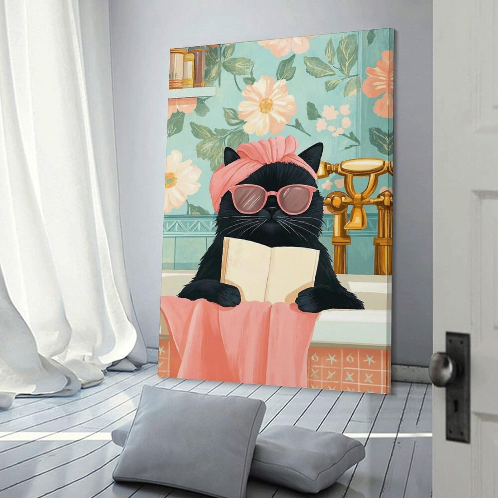 Junmoney Frame-Style-23-1 Canvas Wall Art Cat In A Bath With Book, 24X36inch(60X90cm), For New Homes, Bedrooms Or Workspaces, Canvas Artwork With Gifting Potential