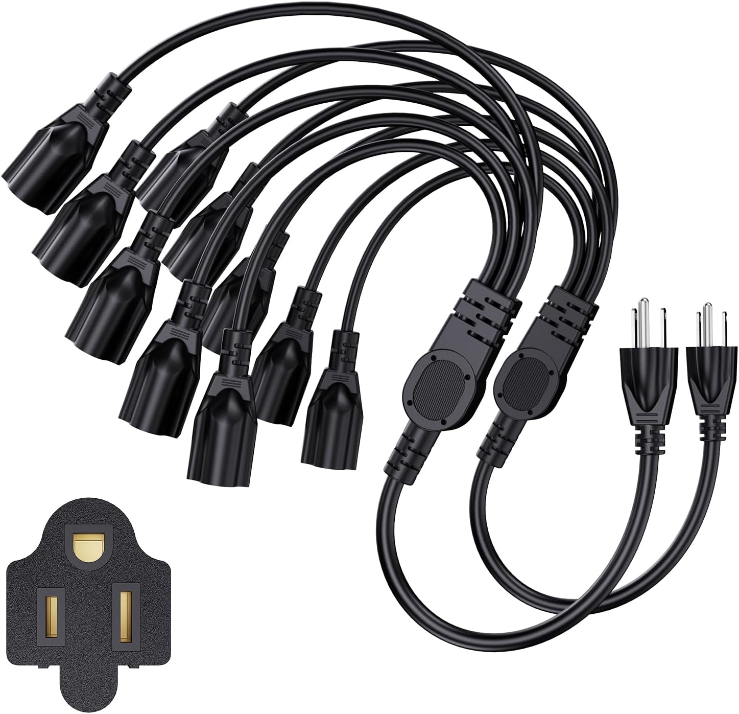 Extension Cord with 1 to 5 Splitter 16 AWG 13A 1625W 20 Inch Black 2 Pack | Outdoor Y-Style SJTW Cord NEMA 5-15P to 5-15R