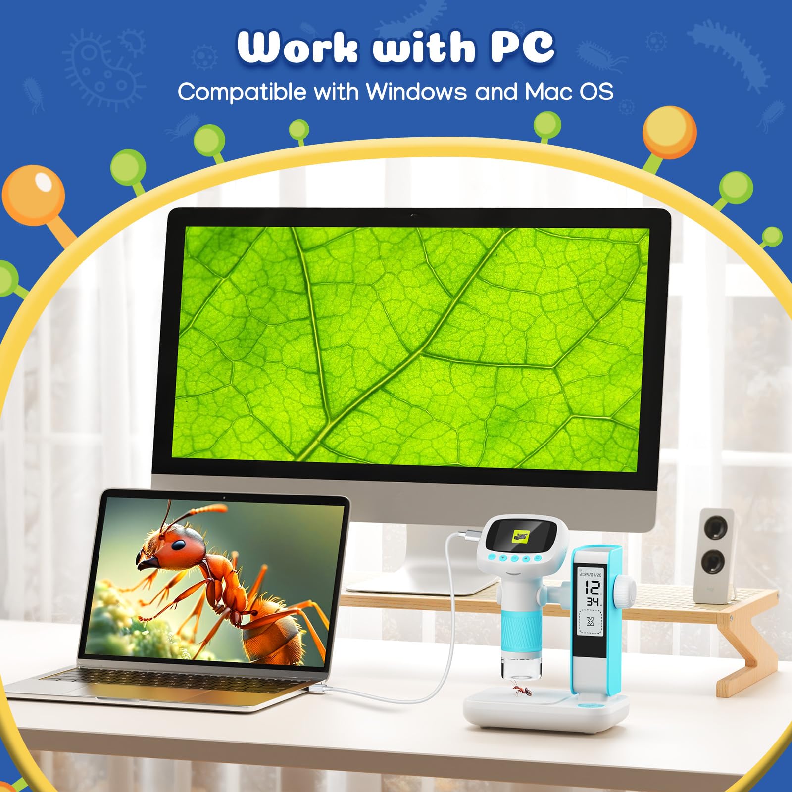 Leipan Microscopio digitale per bambini 2 in 1 con supporto per timer, ingrandimento 1000x, palmare/desktop, schermo IPS da 2", connessione USB PC, 12 vetrine, 8 LED, microscopio educativo da