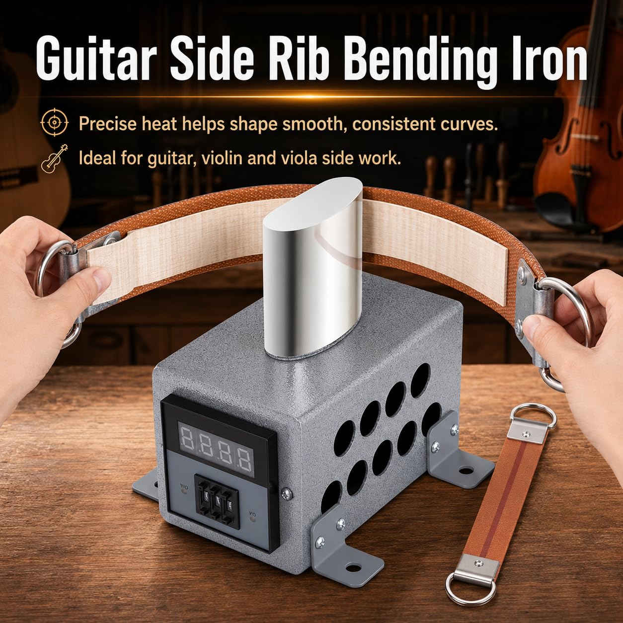 Curvador lateral con cinturón para guitarra, violín, violonchelo, visualización digital de temperatura de 0 a 280 °C, control de temperatura constante, protección contra sobrecalentamiento