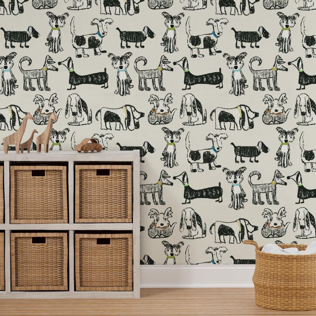 Peel & Stick Wallpaper 6ft x 2ft - Doggone Gender Neutral Black Dogs Pet Animal Puppies Sketch Custom Removable Wallpaper by Spoonflower