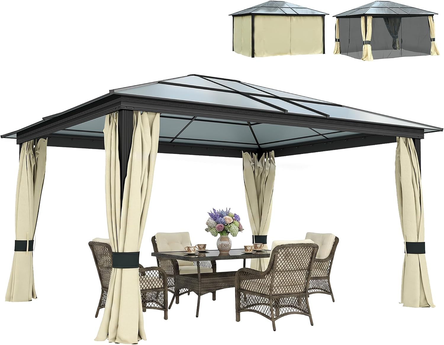 Black hardtop gazebo with aluminium frame, curtains and mesh screens