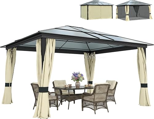Black hardtop gazebo with aluminium frame, curtains and mesh screens