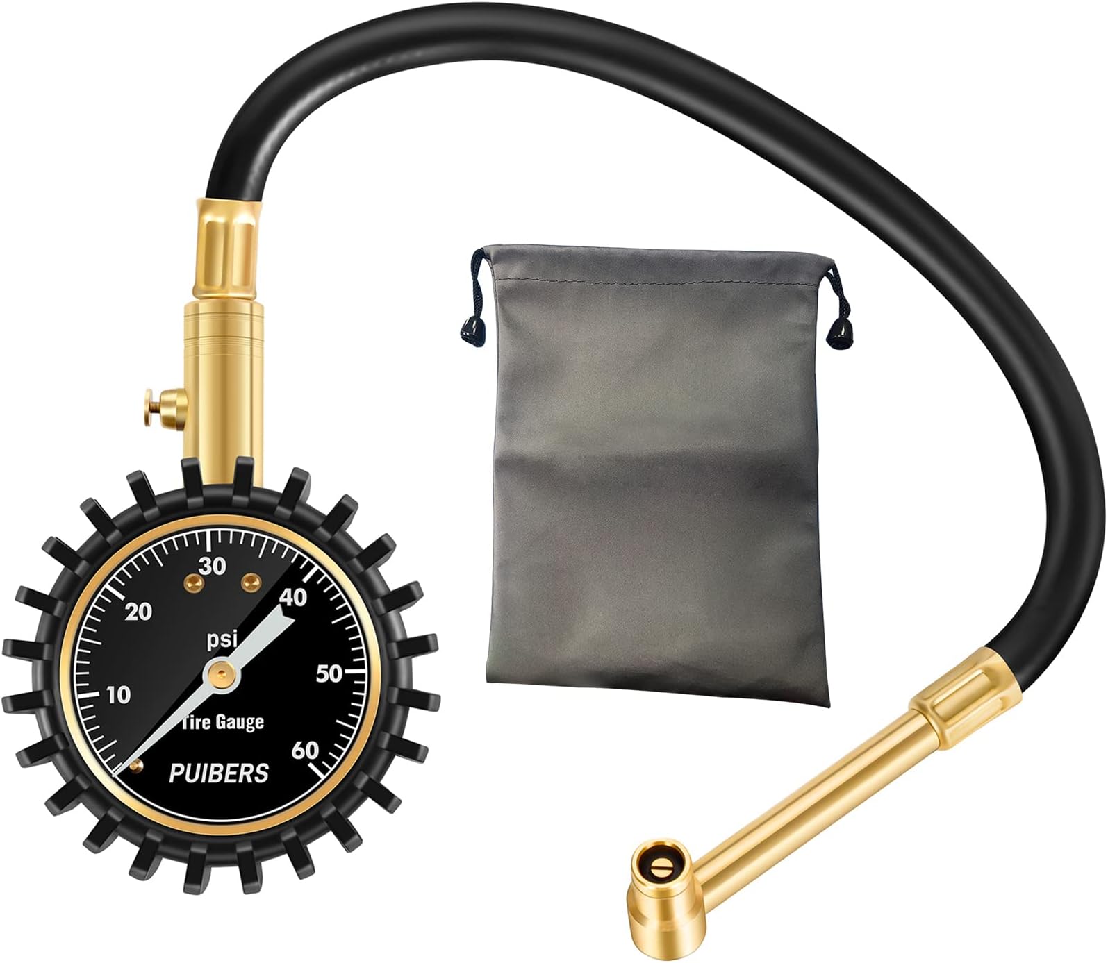 Motorcycle Tire Pressure Gauge 60 PSI, PUIBERS 2’’ dial Mechanical Tire Gauges with 90 Degree Right Angle Chuck Flexible Hose, Tires Guages for Pressure Glow in The Dark for Cars, Motos, Bicycles