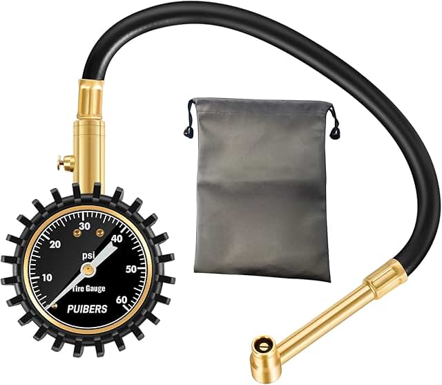 Motorcycle Tire Pressure Gauge 60 PSI, PUIBERS 2’’ dial Mechanical Tire Gauge with 90 Degree Right Angle Chuck Flexible Ho...