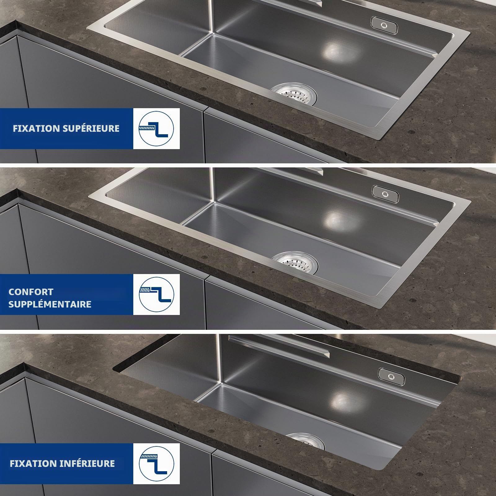 CECIPA Évier de cuisine en acier inoxydable 70 x 44 cm avec planche à découper, évier intérieur de rechange, siphon avec garniture de trop-plein, lavabo de cuisine, encastrable sans trou de robinet