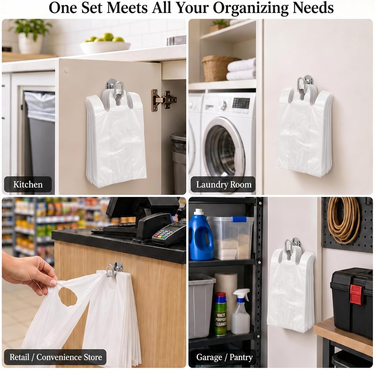 Fumete 4 Pcs Plastic Grocery Bag Holder T-Shirt Bag Rack Wall Mount