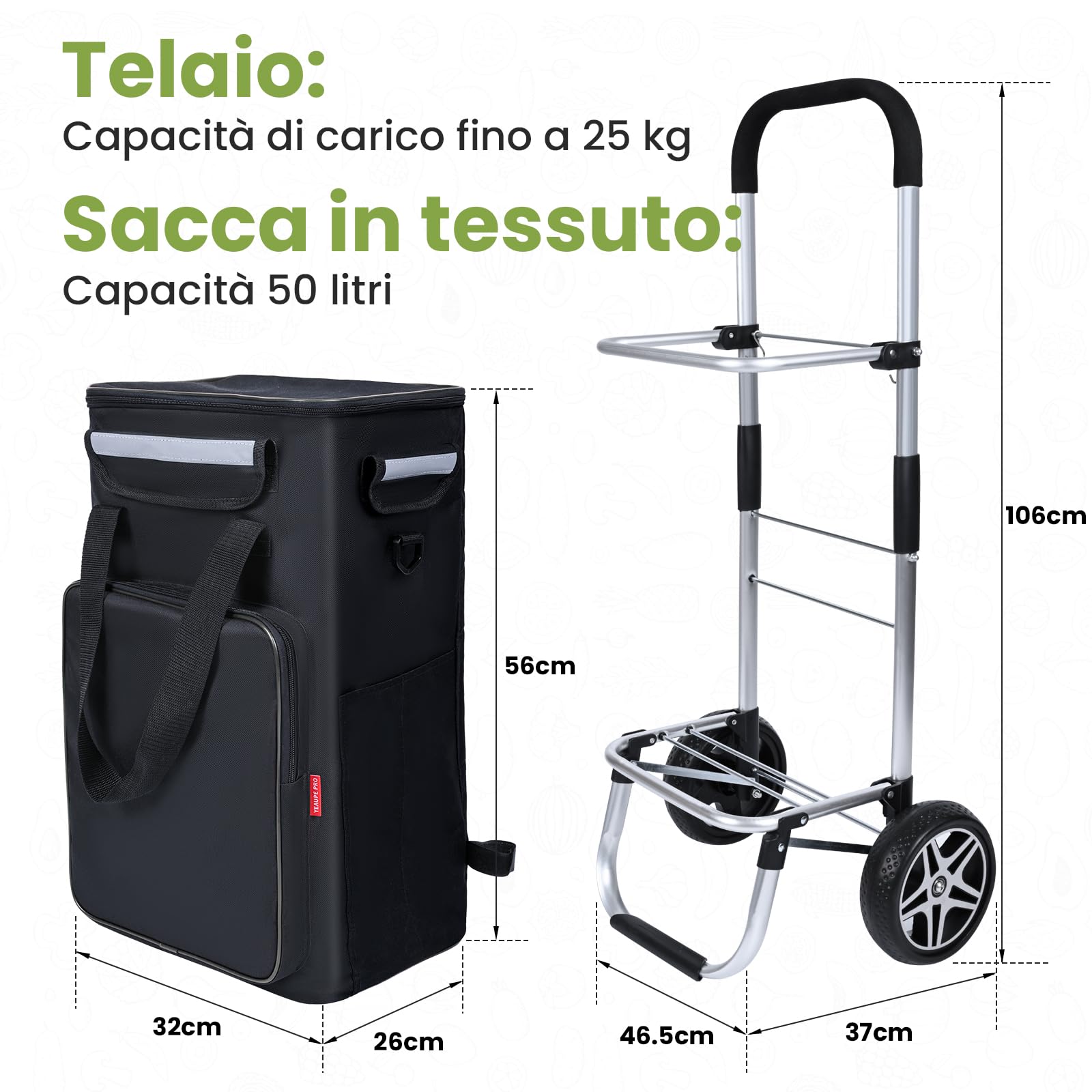 YEAUPE PRO Carrello Spesa Pieghevole 3 in 1 con Compartimento Isotermico - Capacità 50L, Carico Massimo 25kg - Ruote Silenziose, Impermeabile, Facile da Montare e Trasportare - Nero