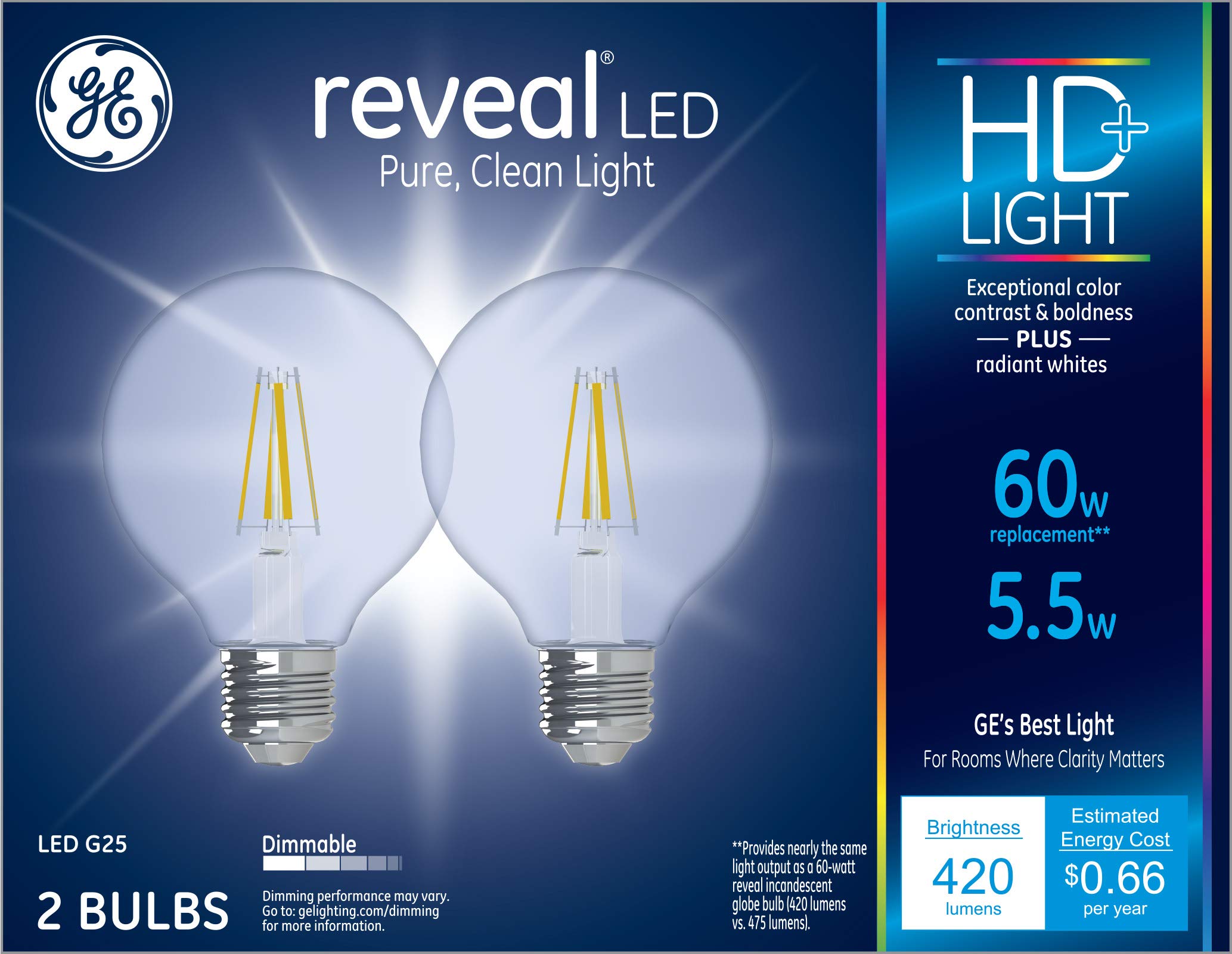 Reveal LED Light Bulbs, 60 Watt, G25 Globe Bulbs, Medium Base (2 Pack)