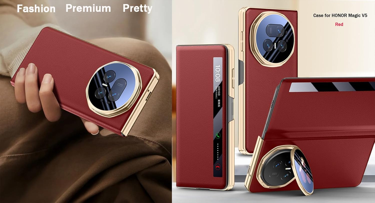 Leather Mobile Phone Case for Honor Magic V5. Magnetic, Bracket, Smart Cell-Phone Cover/Shell for Magic V 5 Red