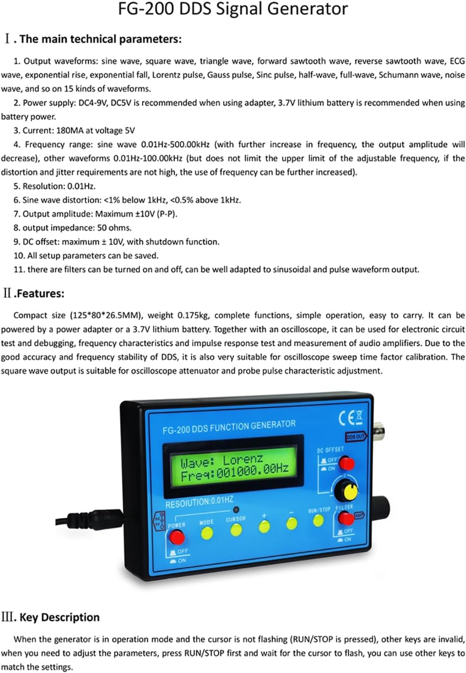 FG-200 DDS Function Signal Generator Frequency Counter 0.01Hz - 500KHz Signal Source Module Sine+Square+Sawtooth Form