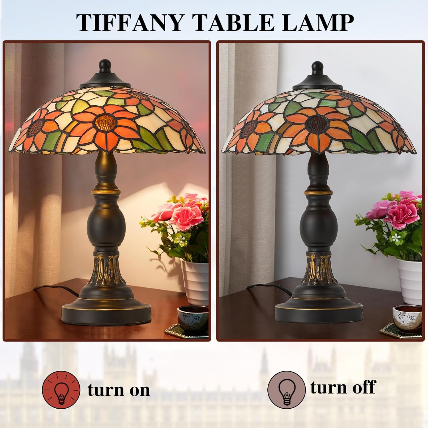 Tiffany Style Table Lamp, Stained Glass Table Light,Art Craft Antique Decor Lamp for Bedside Nightstand Bedroom Living Room Home Office ect