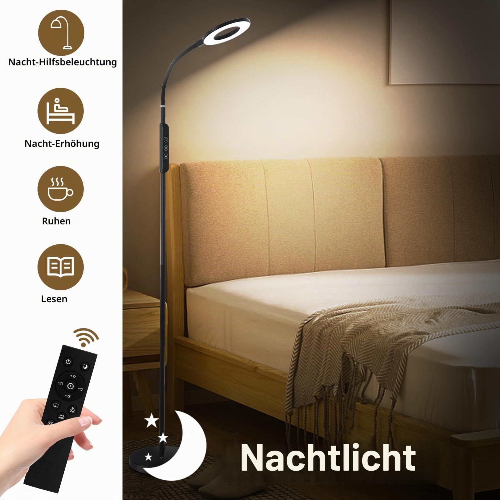 Oraymin LED Stehlampe Wohnzimmer 12W, LED Leselampe Bett mit Fernbedienung, 1H Timer & Memory Funktion, Schwanenhals 360° Verstellbar Stehlampe mit 3 Farbtemperatur, Stehlampen für Schlafzimmer Büro