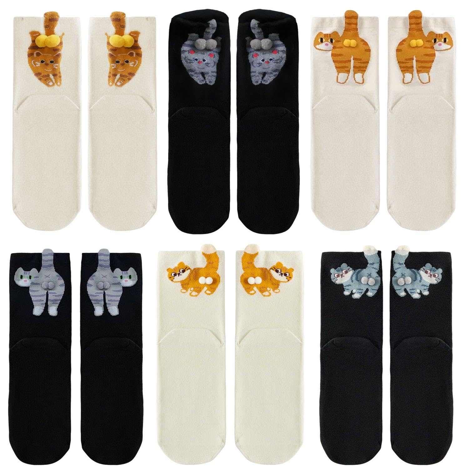 Rnfksu Unisex Kids Black 6 Pairs Of Fun Cat Socks, Cute Children's Tube Socks, Sweat-Absorbent And Breathable, Home Leisure, Soft And Comfortable.