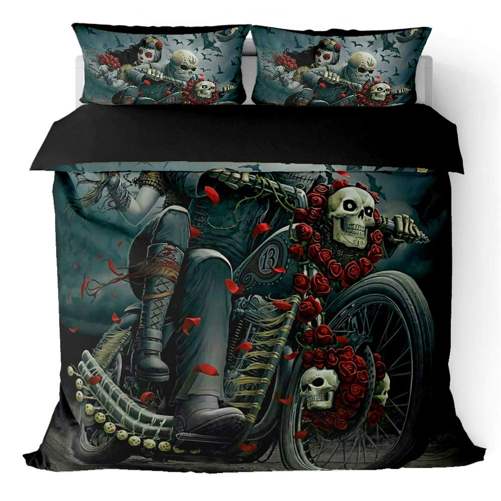 Komplet pościeli z motywem czaszki i róże, poszewka na kołdrę 135 x 200 cm, Halloween, gotycka czaszka, hipoalergiczna poszewka na kołdrę z mikrofibry i 2 poszewki na poduszkę 80 x 80 cm (Halloween, 220 x 240 cm + 80 x 80 cm)