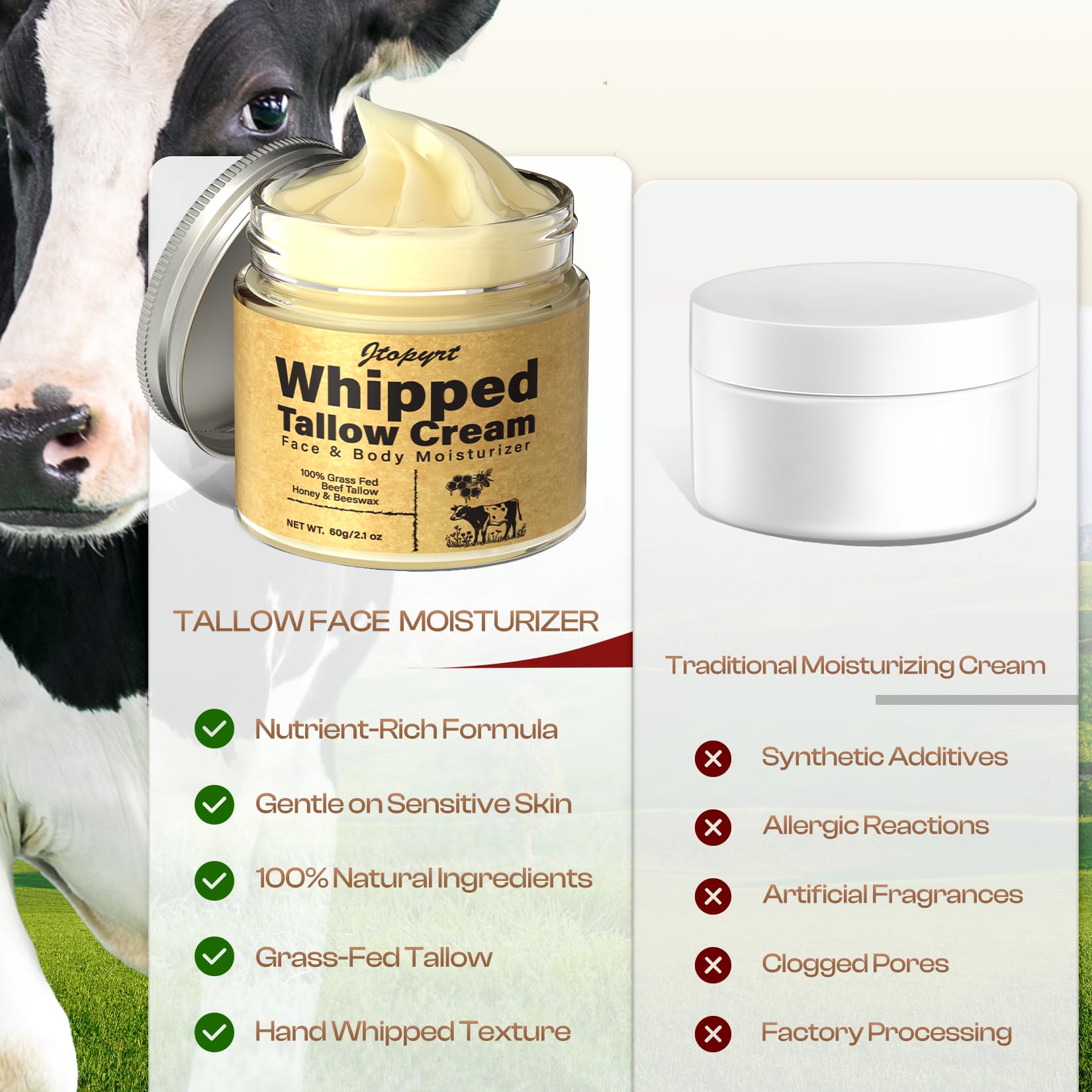 Beef Tallow for Skin: Organic Grass-Fed Tallow and Honey Balm Whipped Beef Tallow Skin Balm - Deep Nourishing Tallow Face Moisturizer for All Skin Types