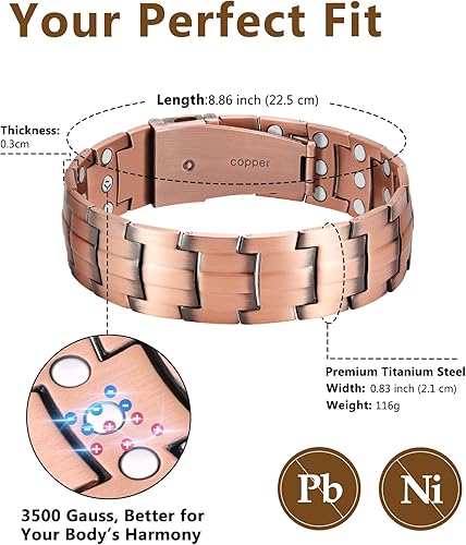 Miniatura 20 de Feraco Pulsera de cobre para hombre, 3 veces más fuerza, pulsera de terapia magnética, joyería de cobre con potentes imanes de 3800 Gauss