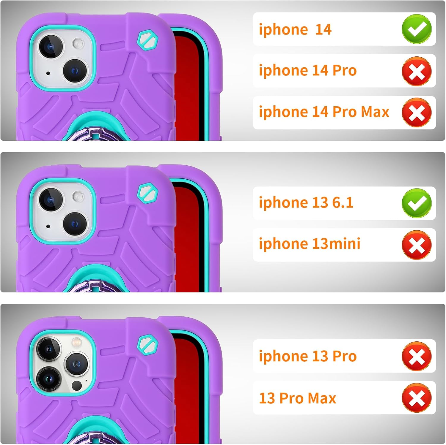 for iPhone 14 Case/iPhone 13 Case, with Kickstand (not Compatible with Plus Sized Models),Shockproof Hybrid Hard PC Soft Rubber Case for iPhone 14/13 6.1 inch (Purple+Mint) - Image 4