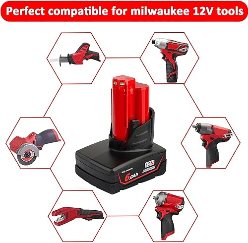 Miniatura 8 de Xinriga 2 Packs M12 12V 6Ah 6000mAh Lithium-ion Replacement Battery for Milwaukee M12 12V Cordless Tool 48-11-2402 48-11-2440 48-11-2411 48-11-2420
