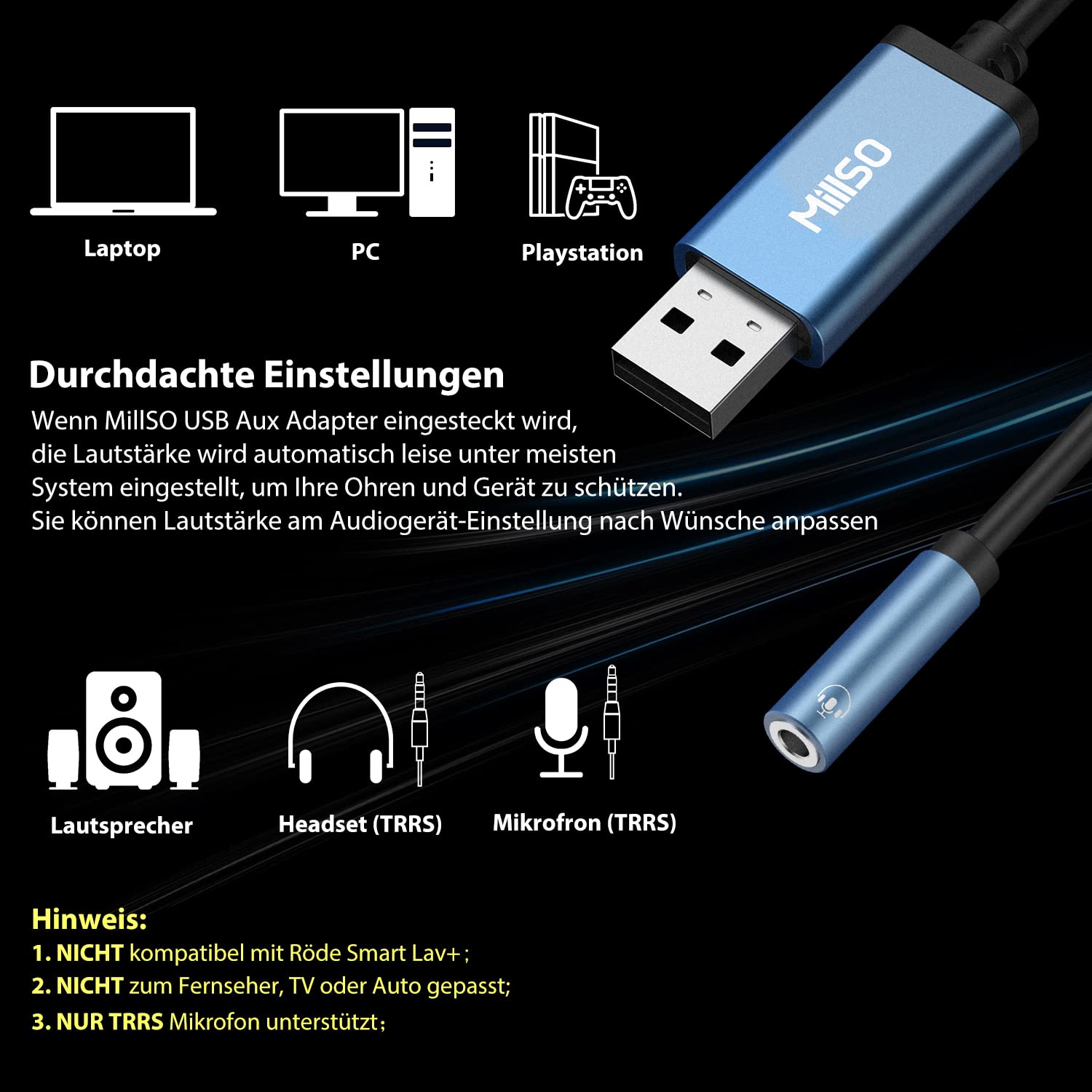 MillSO Adattatore jack da USB a 3,5 mm TRRS Aux femmina (audio e microfono) scheda audio esterna USB Audio Stereo Adattatore esterno per PS4 Laptop Computer Cuffie - 100 cm