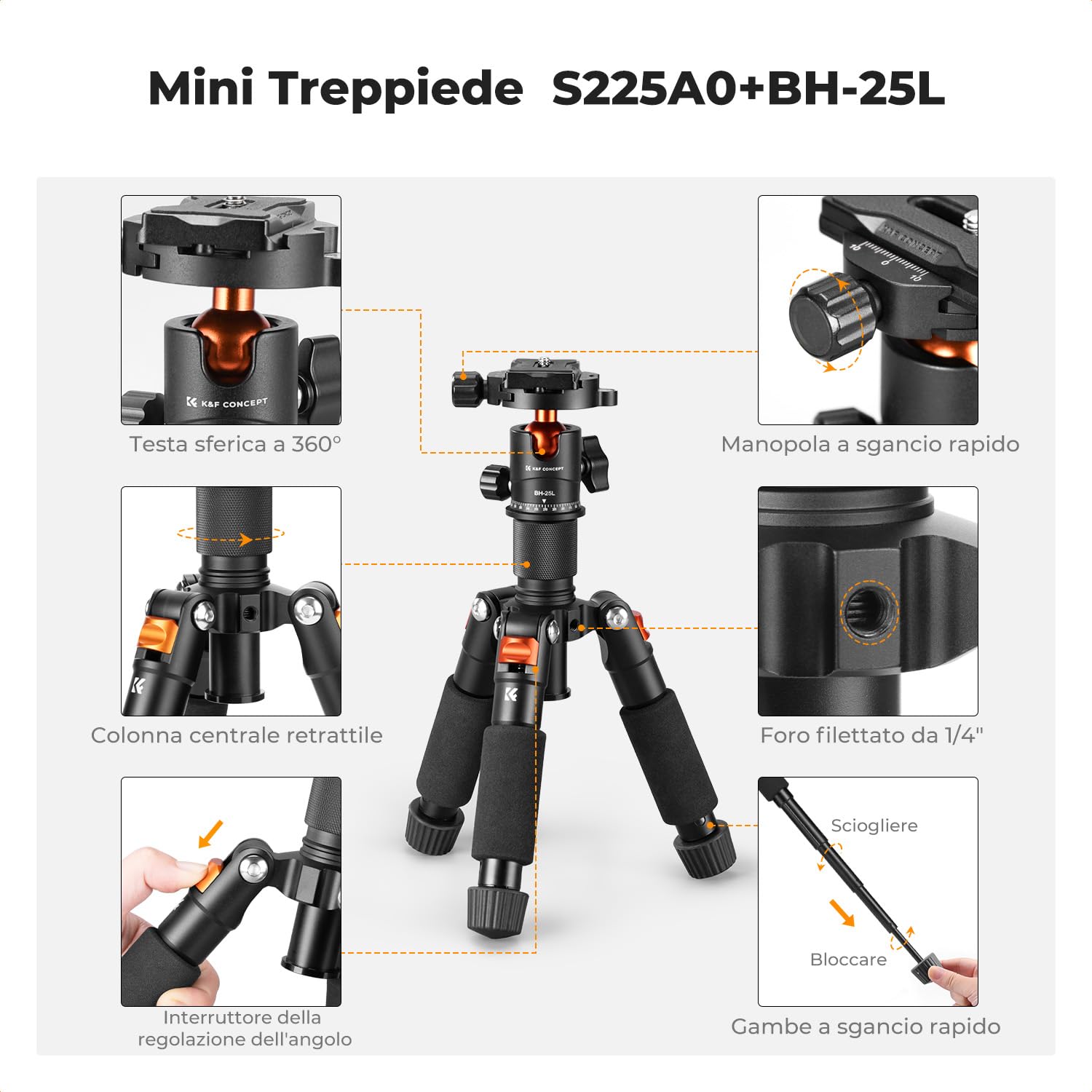 K&F CONCEPT Mini treppiede da tavolo portatile, Treppiede compatto per fotocamera e smartphone in alluminio da 52 cm con testa a sfera a 360°, Piastra rapida da 1/4" per DSLR ecc, capacità di 6 kg