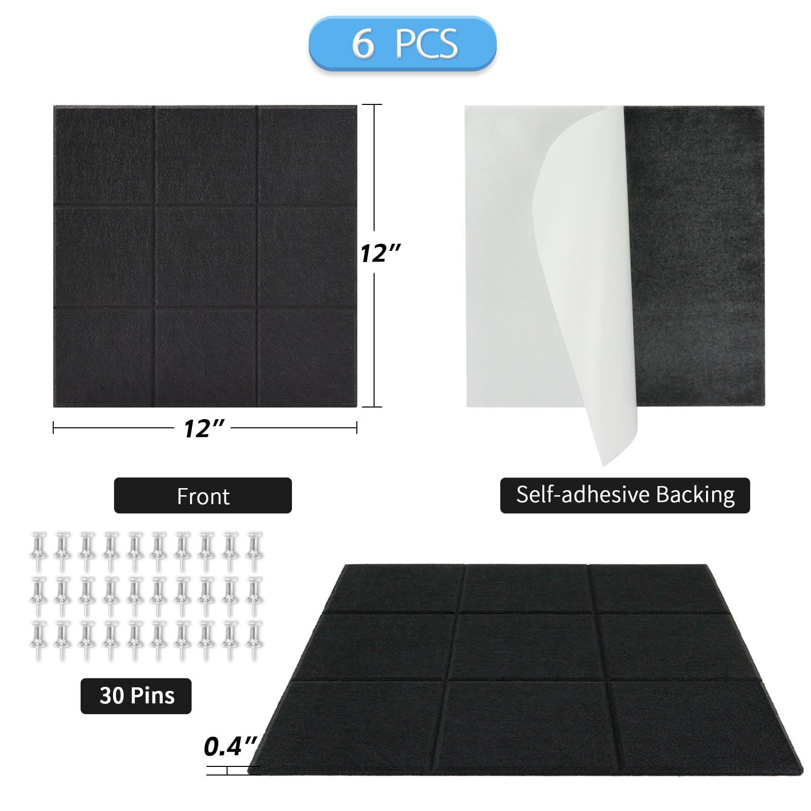 MaxGear Large Cork Board For Wall 48" X 36", 12 Pack Felt Wall Tiles With Pushpins, Dark Blue